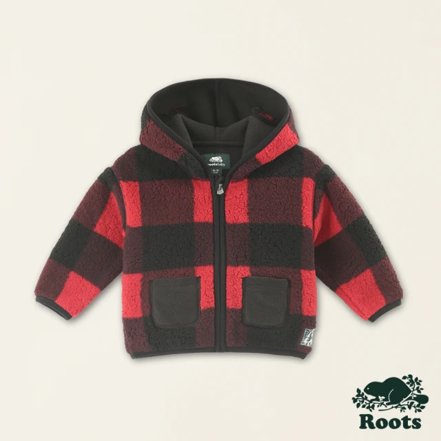 Roots Roots嬰兒-經典小木屋系列 橫條刷毛布大口袋連帽外套(紅色)