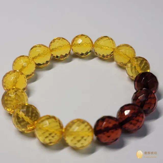 【優雅琥珀】12mm雙色琥珀 鑽面圓珠手串(開運好物 晶瑩明亮  具鑑定證書)