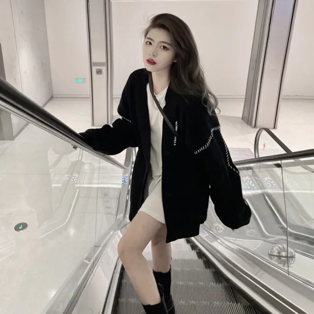 【D.studio】韓版黑色輕熟寬鬆慵懶風針織外套(上衣 女裝 衣服 外套 長袖上衣 長版外套 毛衣 J235)（其他規格）
