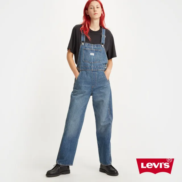 【LEVIS 官方旗艦】女款 復古高腰直筒吊帶牛仔長褲 / 鈕扣穿脫 / 精工中藍染水洗刷白 熱賣單品 85315-0017