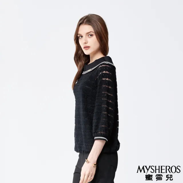 【MYSHEROS 蜜雪兒】造型上衣 鑽飾大圓厚領 質感拼接造型(黑)