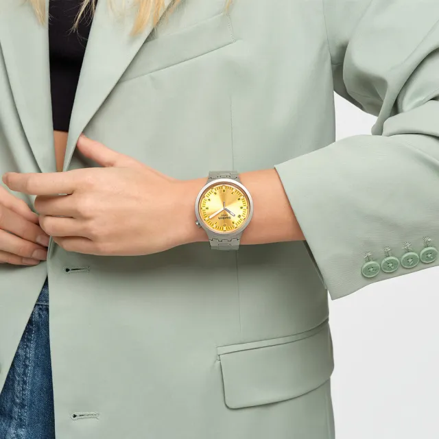 【SWATCH】金屬 BIG BOLD IRONY 系列手錶 AMBER SHEEN 金屬鍊帶 琥珀黃 男錶 女錶 手錶 瑞士錶(47mm)