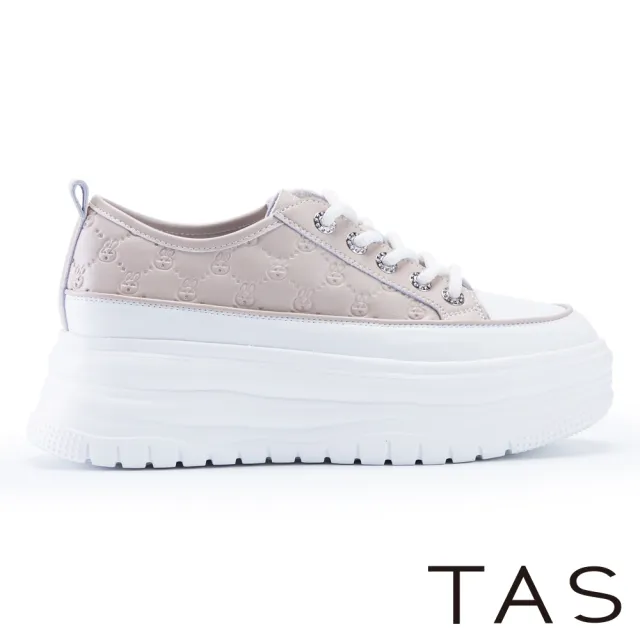 【TAS】可愛真皮壓紋綁帶厚底休閒鞋(粉色)