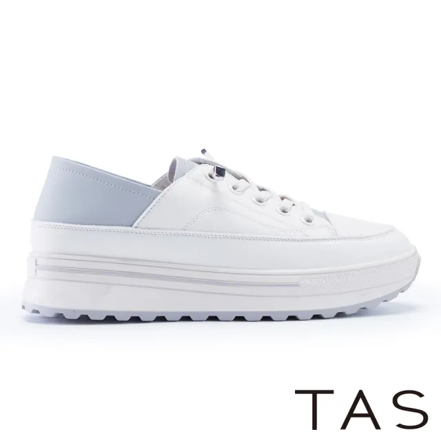 【TAS】真皮拚色後踩免綁帶厚底休閒鞋(白+灰藍)