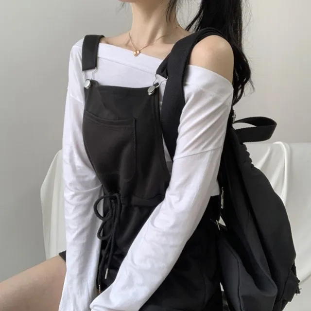 【D.studio】韓版休閒百搭收腰寬鬆背帶短褲(長袖上衣 女裝 衣服 寬鬆上衣 冬裝 長袖t恤 素T S140)
