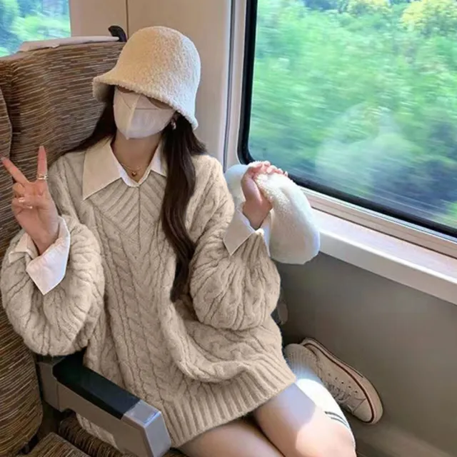【D.studio】韓版顯瘦慵懶風V領長版毛衣(針織上衣毛衣長袖上衣女裝 衣服寬鬆上衣 顯瘦上衣 發熱衣 W396)