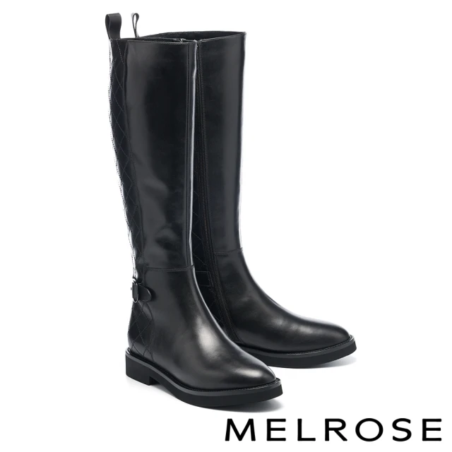 MELROSEMELROSE 美樂斯 時髦魅力飾釦菱格紋拼接牛皮低跟長靴(黑)