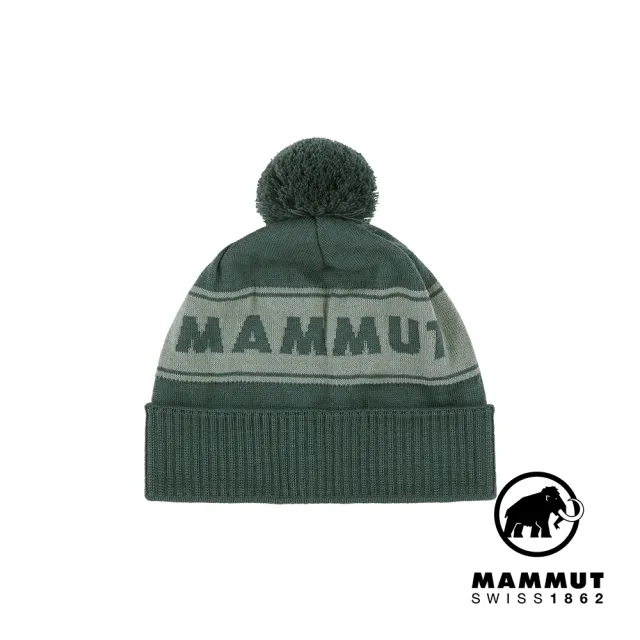 【Mammut 長毛象】Peaks Beanie 保暖針織LOGO毛球羊毛帽 深玉石綠/玉石綠 #1191-01100