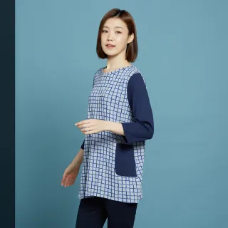 【YVONNE 以旺傢飾】出清品 鬆餅格紋下擺不規則長袖上衣(寶藍)