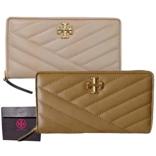 【TORY BURCH】TORY BURCH Kira Chevron 雙T標誌小羊皮拉鍊長夾 兩色可選 粉藕色／駝色 贈原廠禮袋(母親節)