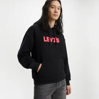 【LEVIS】男款 寬鬆版重磅口袋帽T / 高密度膠印粉紅Logo / 400GSM厚棉 魚子黑 熱賣單品 38479-0250