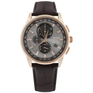 【CITIZEN 星辰】光動能 萬年曆 電波錶 藍寶石水晶玻璃 壓紋小牛皮手錶 灰x玫瑰金框x深褐 43mm(AT8113-12H)