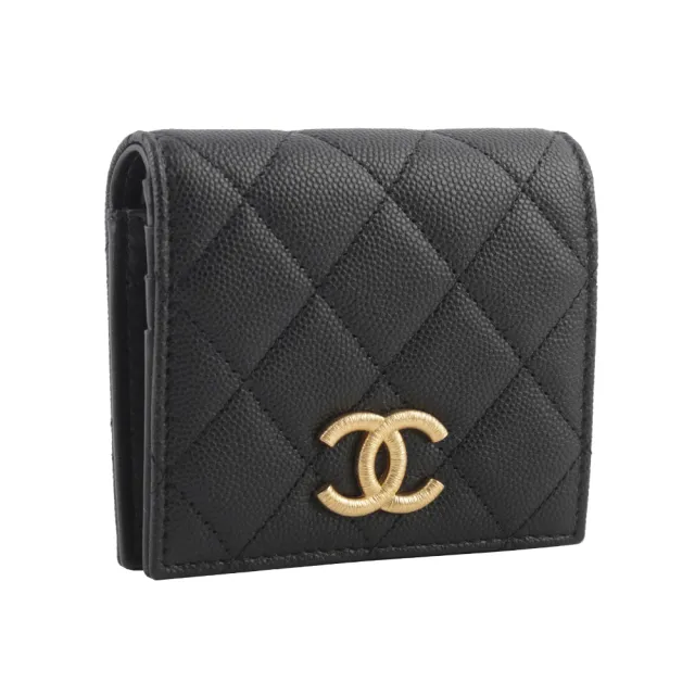 【CHANEL 香奈兒】金色螺旋CC Logo 荔枝牛皮釦式零錢袋二折短夾(黑色)