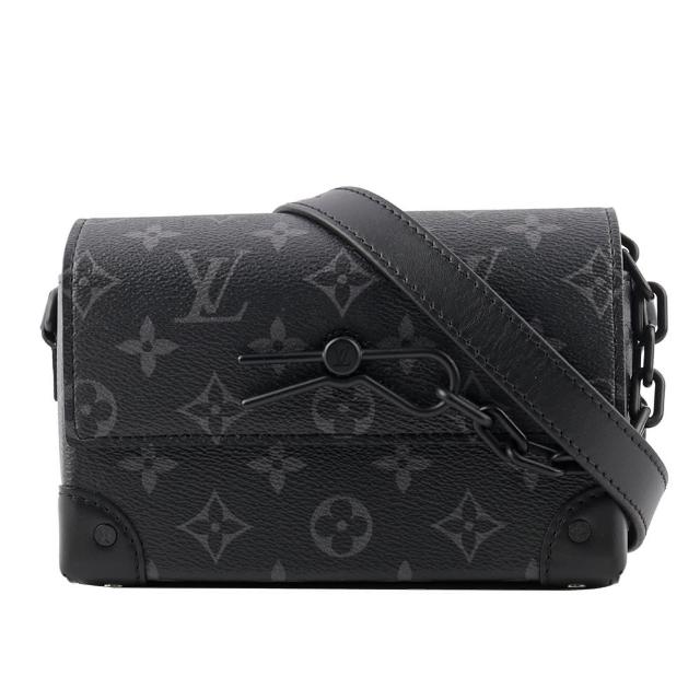 LV LOUIS VUITTON 路易威登 M81783 經典 Steamer Eclipse 帆布翻蓋斜揹包，黑色系設計，外層為帆布與牛皮材質，內層為布面。配備原廠防塵套與包裝盒，尺寸為長12cm、寬6cm、高18cm，背帶可調長109cm，適合女性使用，釦式開口，內有1個口袋，不附底珠與可放A4功能。