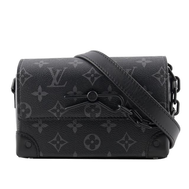 LV LOUIS VUITTON 路易威登 M81783 經典 Steamer Eclipse 帆布翻蓋斜揹包，黑色系設計，外層為帆布與牛皮材質，內層為布面。配備原廠防塵套與包裝盒，尺寸為長12cm、寬6cm、高18cm，背帶可調長109cm，適合女性使用，釦式開口，內有1個口袋，不附底珠與可放A4功能。