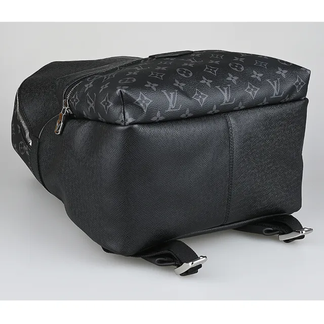 【Louis Vuitton 路易威登】M30230 Discovery PM字母LOGO牛皮拼接老花塗層帆布拉鍊後背包(黑x炭黑)