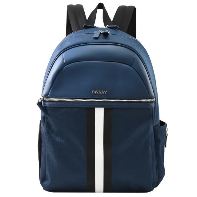 【BALLY】經典黑白黑牛皮拼接雙層雙口袋後背包商務包(藍 大)