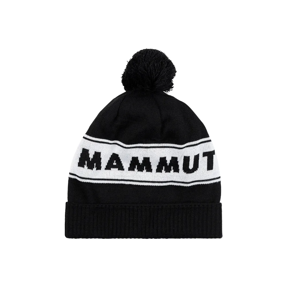 【Mammut 長毛象】Peaks Beanie 保暖針織LOGO毛球羊毛帽 黑/白 #1191-01100