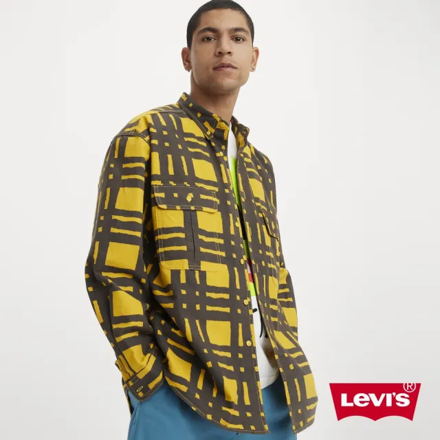 【LEVIS 官方旗艦】滑板系列 男款 街頭寬鬆版長袖條格紋襯衫 / 復古黃 人氣新品 A0953-0009