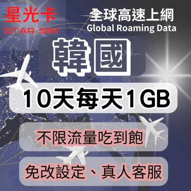 【Star SIM 星光卡】韓國上網卡10天每天1GB後降速吃到飽(可熱點分享  免改設定)