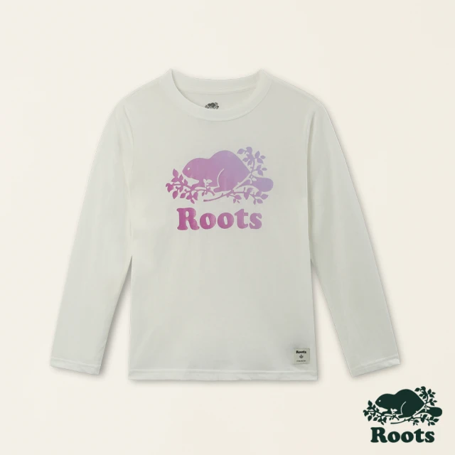 Roots Roots大童-金蔥海狸系列 漸層海狸有機棉長袖T恤(白色)