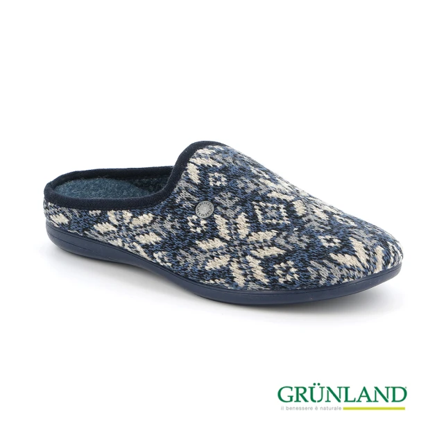 GRUNLAND 義大利菱格紋雙色束口保暖拖鞋 灰藍(義大利