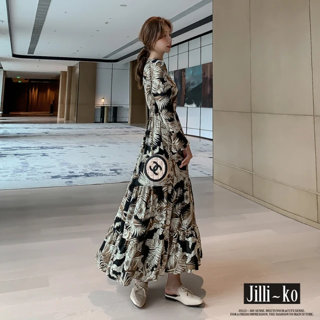 JILLI-KO V領樹葉印花高腰長袖桔梗洋裝連衣裙-F(黑)