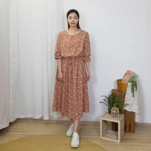 【Hana Mokuba】花木馬日系女裝綁帶收腰圓領寬鬆碎花洋裝(洋裝)