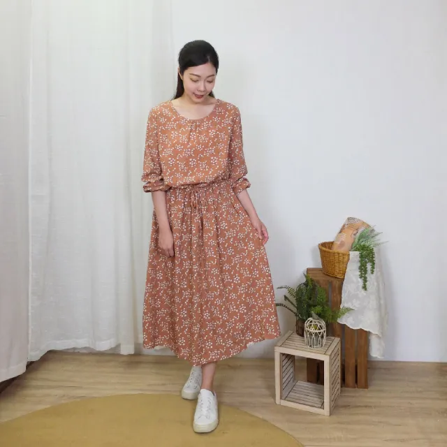 【Hana Mokuba】花木馬日系女裝綁帶收腰圓領寬鬆碎花洋裝(洋裝)