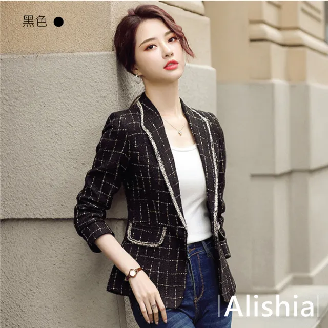 【Alishia】韓版俐落格紋簡約西裝外套(現+預  黑 / 白)