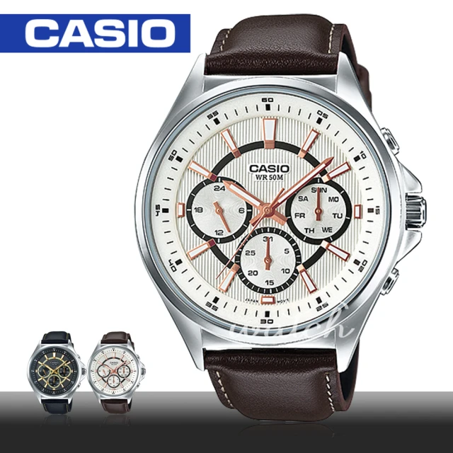 【CASIO 卡西歐】商務型錶款_皮革三眼指針型男錶(MTP-E303L)