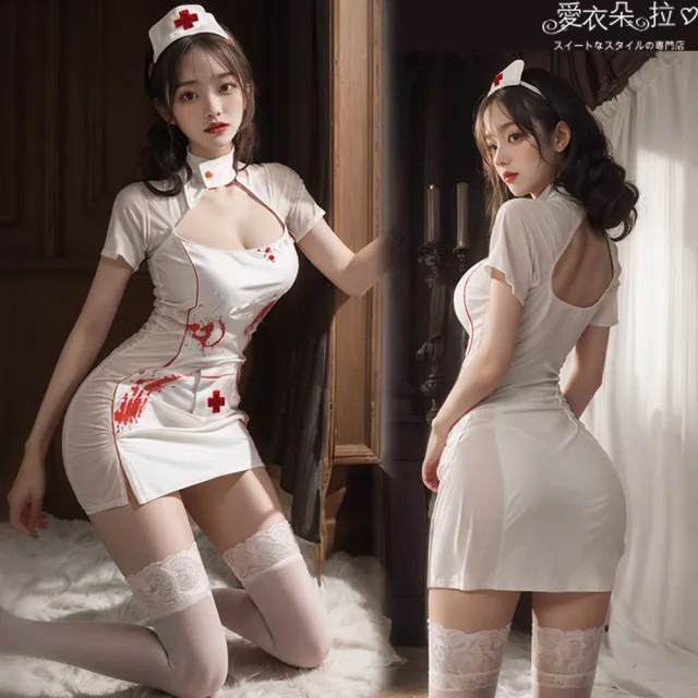 【愛衣朵拉】護士服 萬聖節服裝 恐怖弒血護士裝扮(白色短袖連身裙角色扮演護士裝)