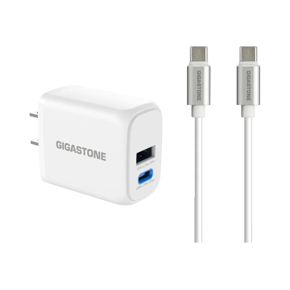 【GIGASTONE 立達】PD/QC3.0 20W雙孔急速快充充電器+C to C 60W充電傳輸線(iPhone 16/Android手機充電頭組)