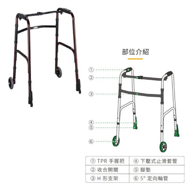 【NOVA 光星】推推GO助行器 附輪助行器(前輪：5吋直向輪/後腳：下壓式止滑套管)