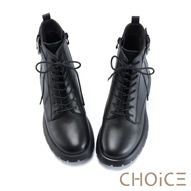 【CHOiCE】率性真皮綁帶低跟短靴(黑色)
