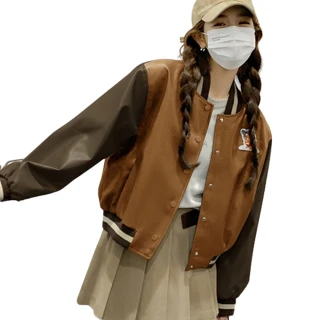 【米蘭精品】皮衣外套休閒夾克(復古美式拼色棒球服女外套2色74gt14)