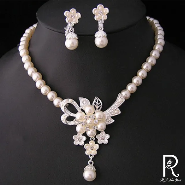 【RJ New York】婚紗新娘造型珍珠垂墜耳環項鍊2件套組(白金色)