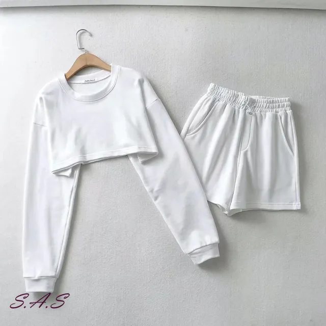 【SAS】韓版休閒寬鬆長袖短版兩件式套裝(5色可選 休閒套裝 短版套裝 兩件式套裝 1982F)