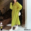 【MsMore】連身裙時尚慵懶網長袖針織氣質顯白寬鬆長版洋裝#119465(米白/黑/粉/綠)