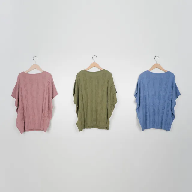 【CUMAR】變化立體方格紋連袖短袖針織上衣(藍 粉 綠/魅力商品)