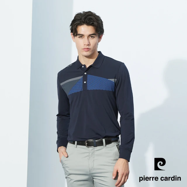 pierre cardin 皮爾卡登 輕運動 男款 吸濕排汗胸前印花長袖polo衫-丈青色(3225201-38)