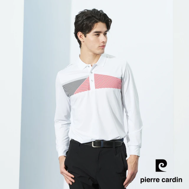 pierre cardin 皮爾卡登 輕運動 男款 吸濕排汗胸前印花長袖polo衫-白色(3225201-90)