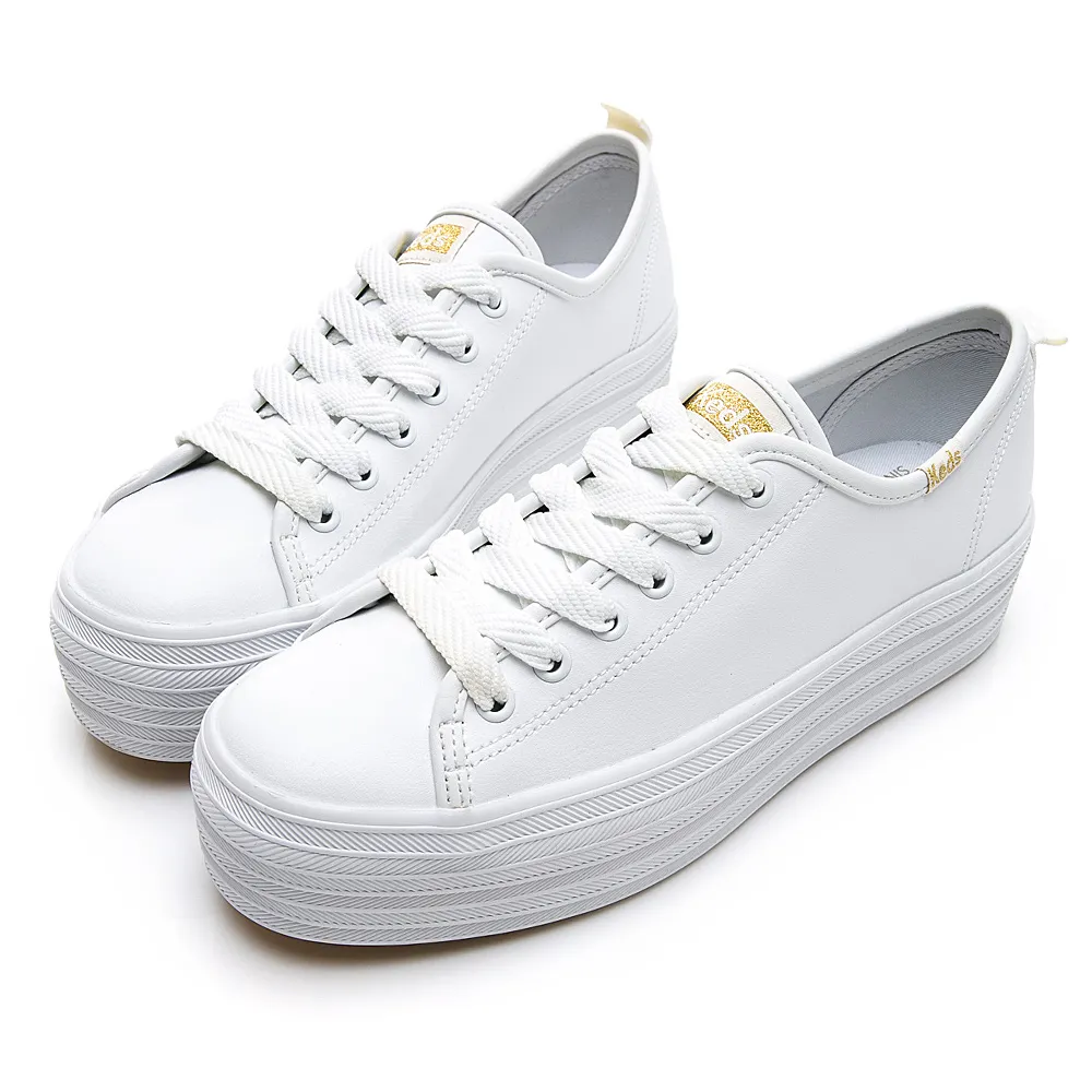 【Keds】TRIPLE UP 小心機厚底皮革綁帶休閒小白鞋-白(9193W132811)