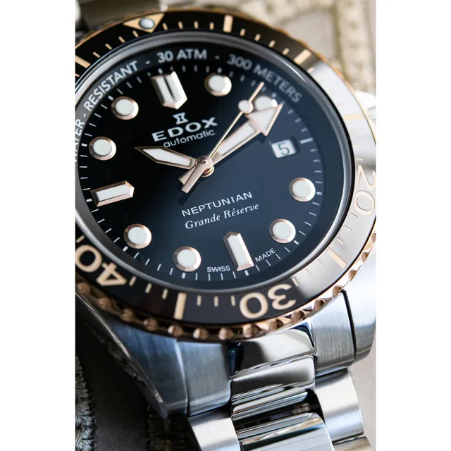 EDOX 伊度】Neptunian 海神68H超動能300米潛水機械錶-黑x玫瑰金/42mm
