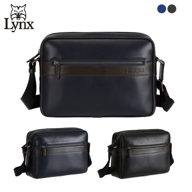 LynxLynx 美國山貓頂級進口nappa軟皮商務橫式側背包 中款(藍/黑)