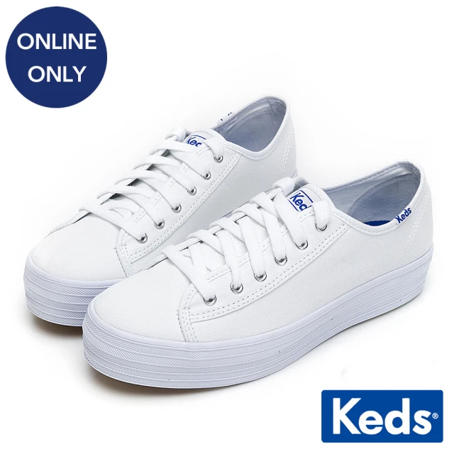 【Keds】TRIPLE KICK 學院風厚底帆布小白鞋-白(9203W133185)