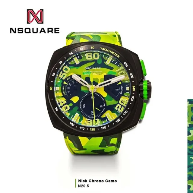【NSQUARE】NICK CHRONO CAMO迷彩系列 愛時 迷彩青翠綠 橡膠運動風腕錶(G0369-N20.5)