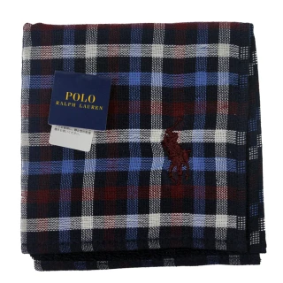 【RALPH LAUREN】POLO 品牌LOGO刺繡粗格紋純棉方巾(深藍)