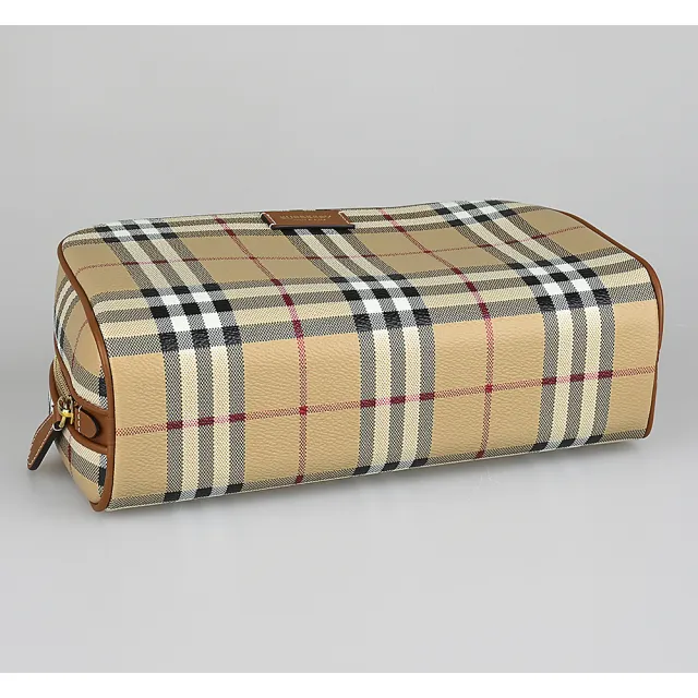 【BURBERRY 巴寶莉】燙金LOGO復古格紋PVC拉鍊化妝包(典藏米)