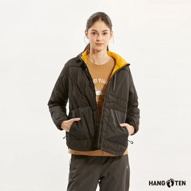 Hang Ten 女裝-恆溫多功能-防輕潑水保暖絎縫連帽外套(黑)